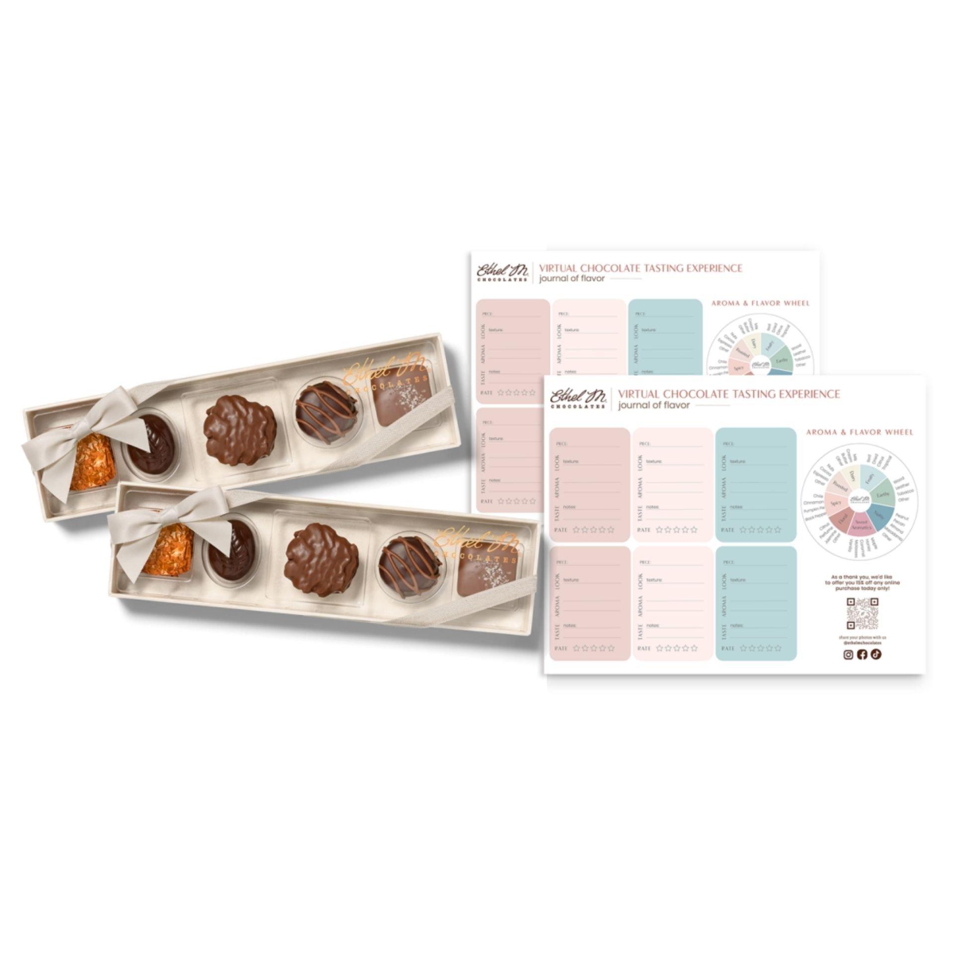 Ethel M Classic tasting kit with Journal of Flavor tasting notes featuring a diary and a chocolate flavor wheel labeled aroma and flavor.